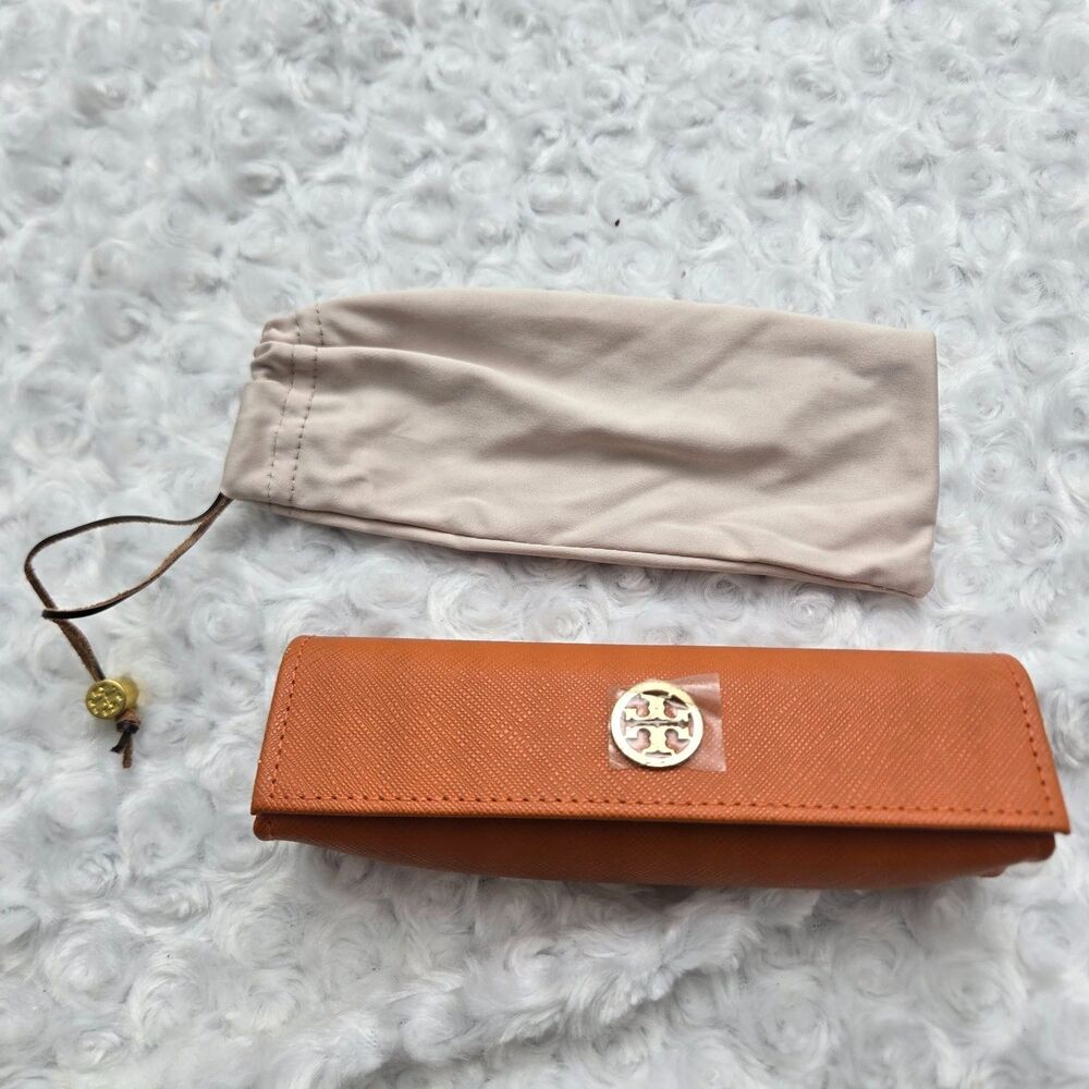 Tory Burch Orange Saffiano Eyeglasses Sunglasses Hard Case w/ Drawstring Pouch
